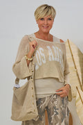Weiter cropped Pulli, beige-weiß