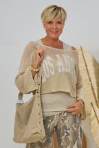 Weiter cropped Pulli, beige-weiß