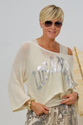 Weiter cropped Pulli, creme-silber