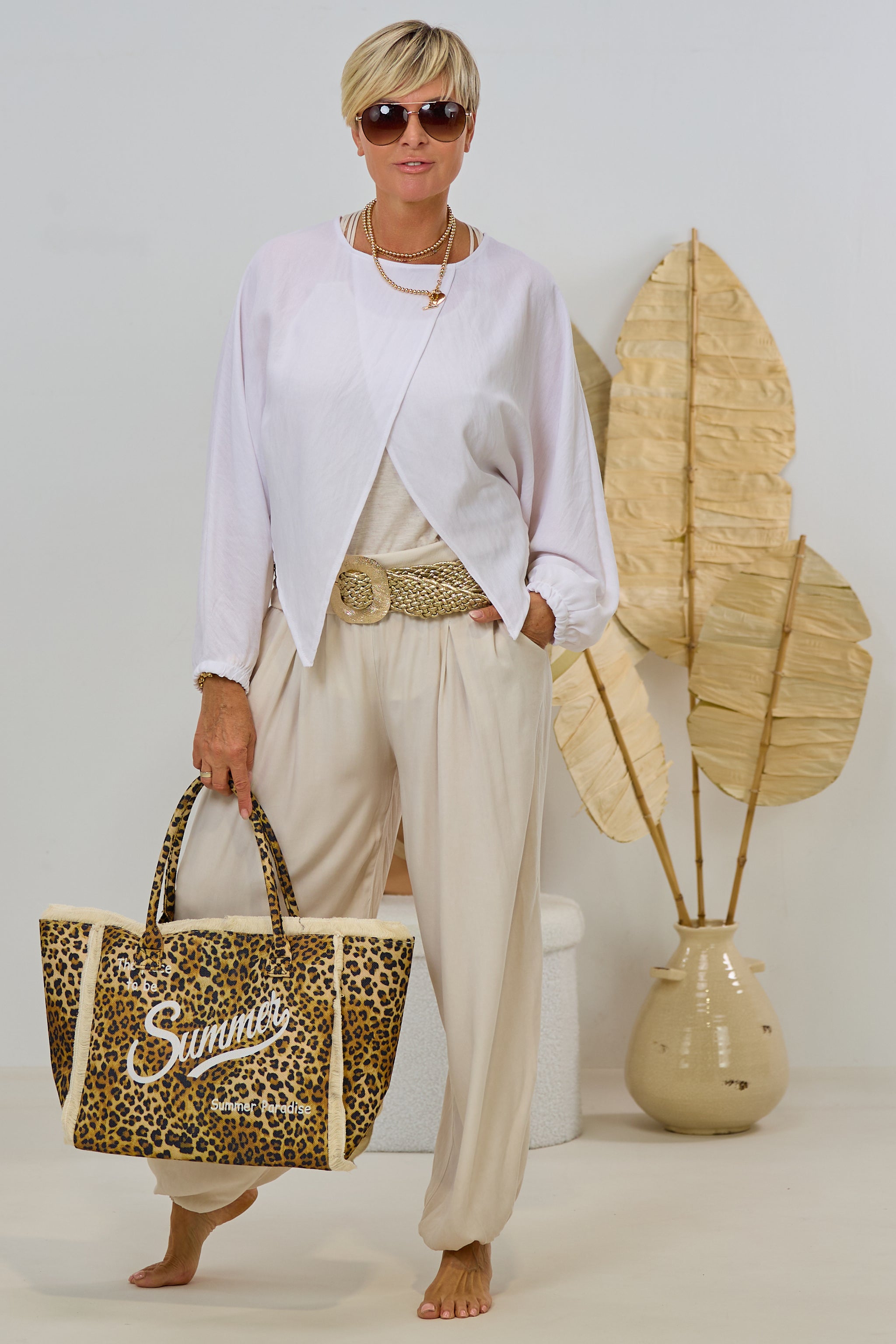 Stoffhose mit breitem, elastischen Bund, creme
