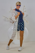 Lange Häkel-Strickjacke, weiß