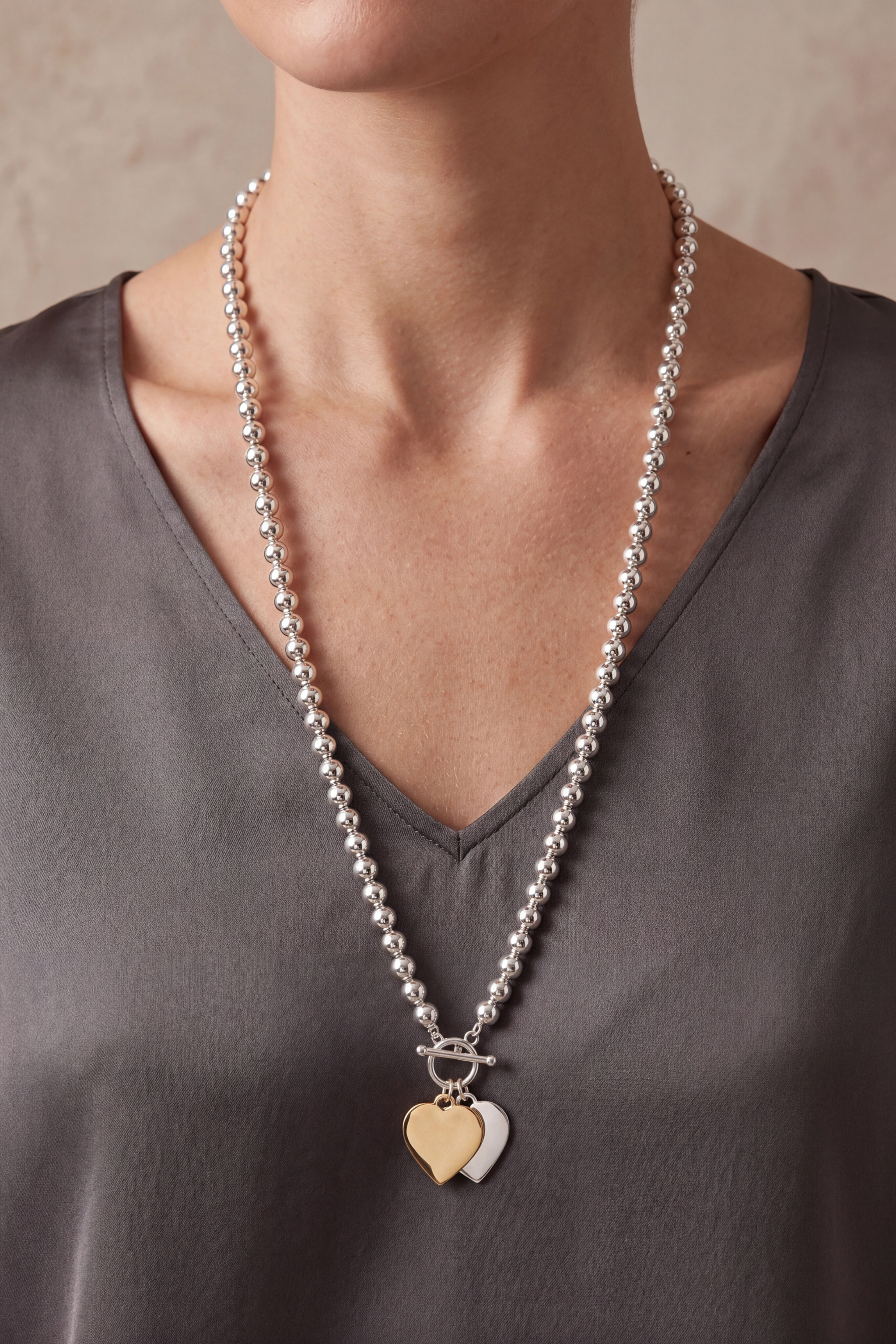 Perlen-Kette mit T-Bar-Verschluss, silber-gold