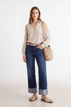 Off-Shoulder Bluse mit langen Ärmeln, beige