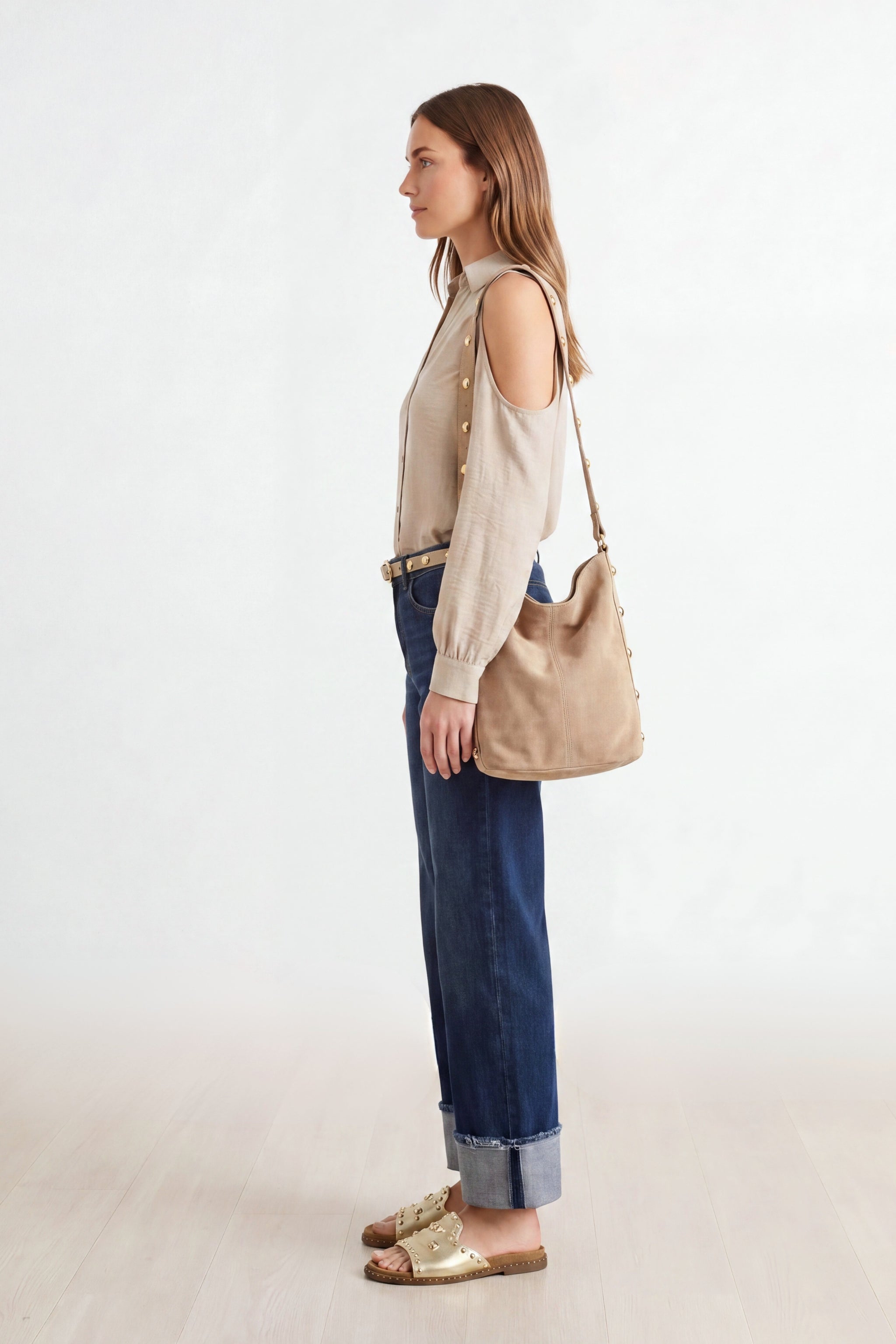 Off-Shoulder Bluse mit langen Ärmeln, beige