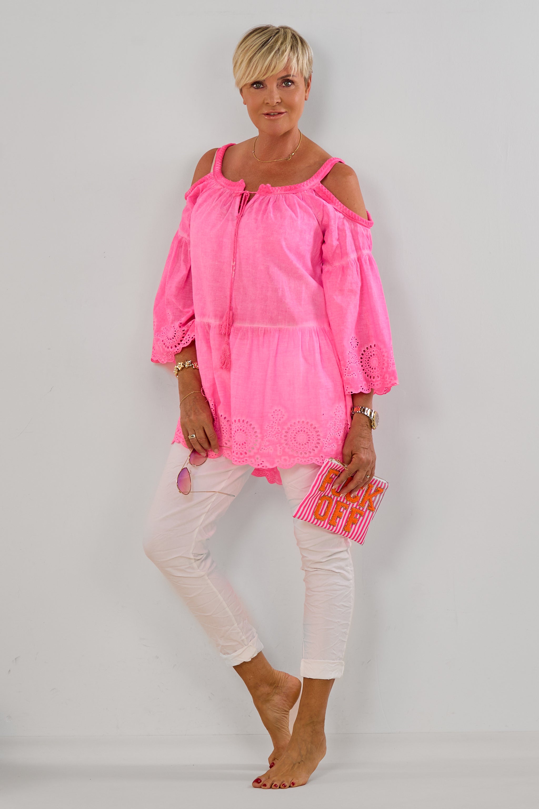 Schulterfreie Tunika Bluse, neon pink