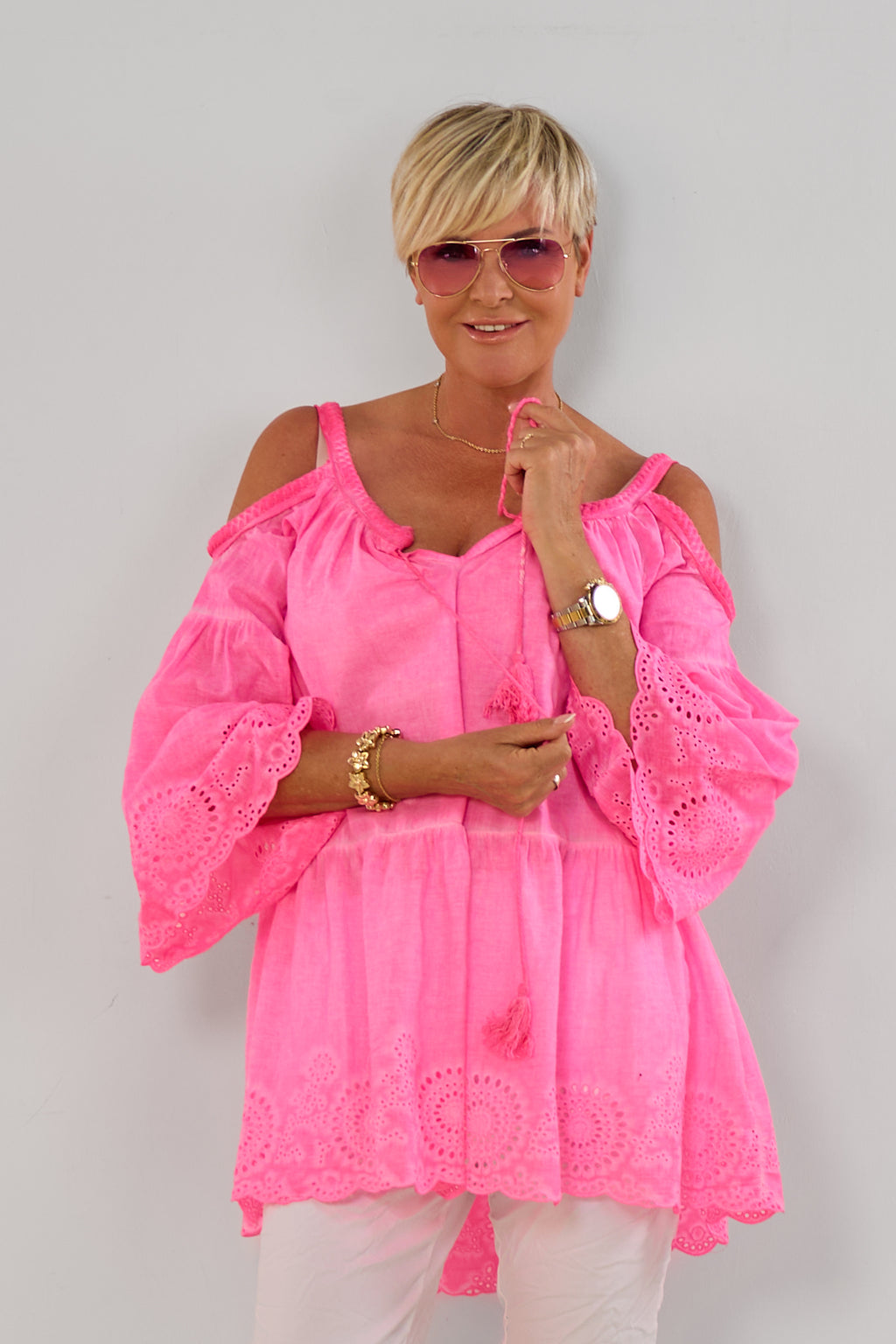Schulterfreie Tunika Bluse, neon pink