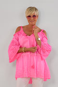Schulterfreie Tunika Bluse, neon pink