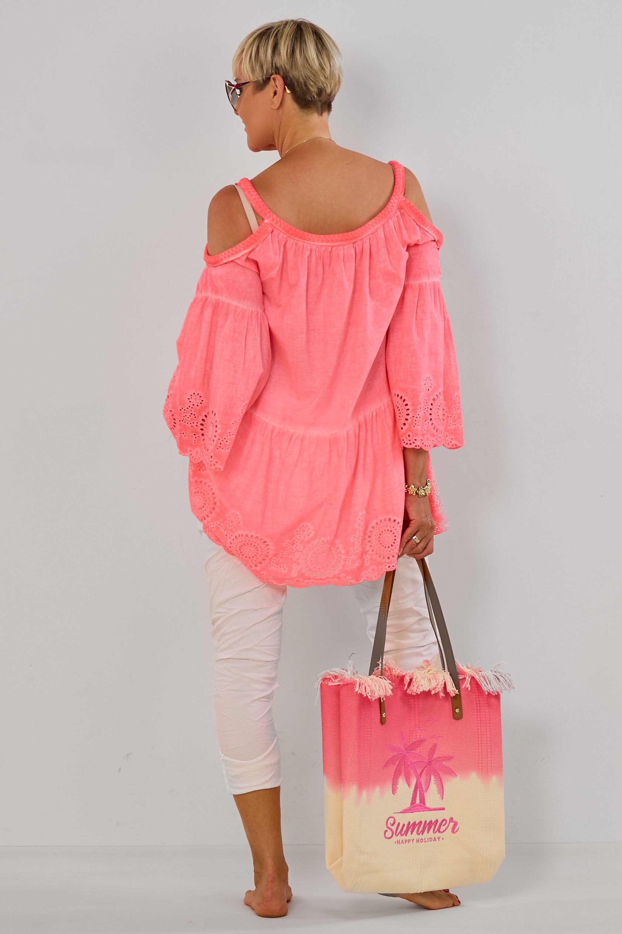 Schulterfreie Tunika Bluse, neon apricot