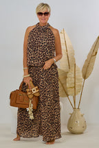 2-tlg. Set aus Neckholder und Plissée Hose, leo-braun-schwarz