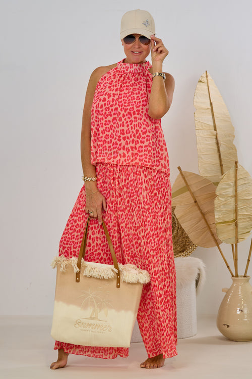 2-tlg. Set aus Neckholder und Plissée Hose, leo-beige-rot