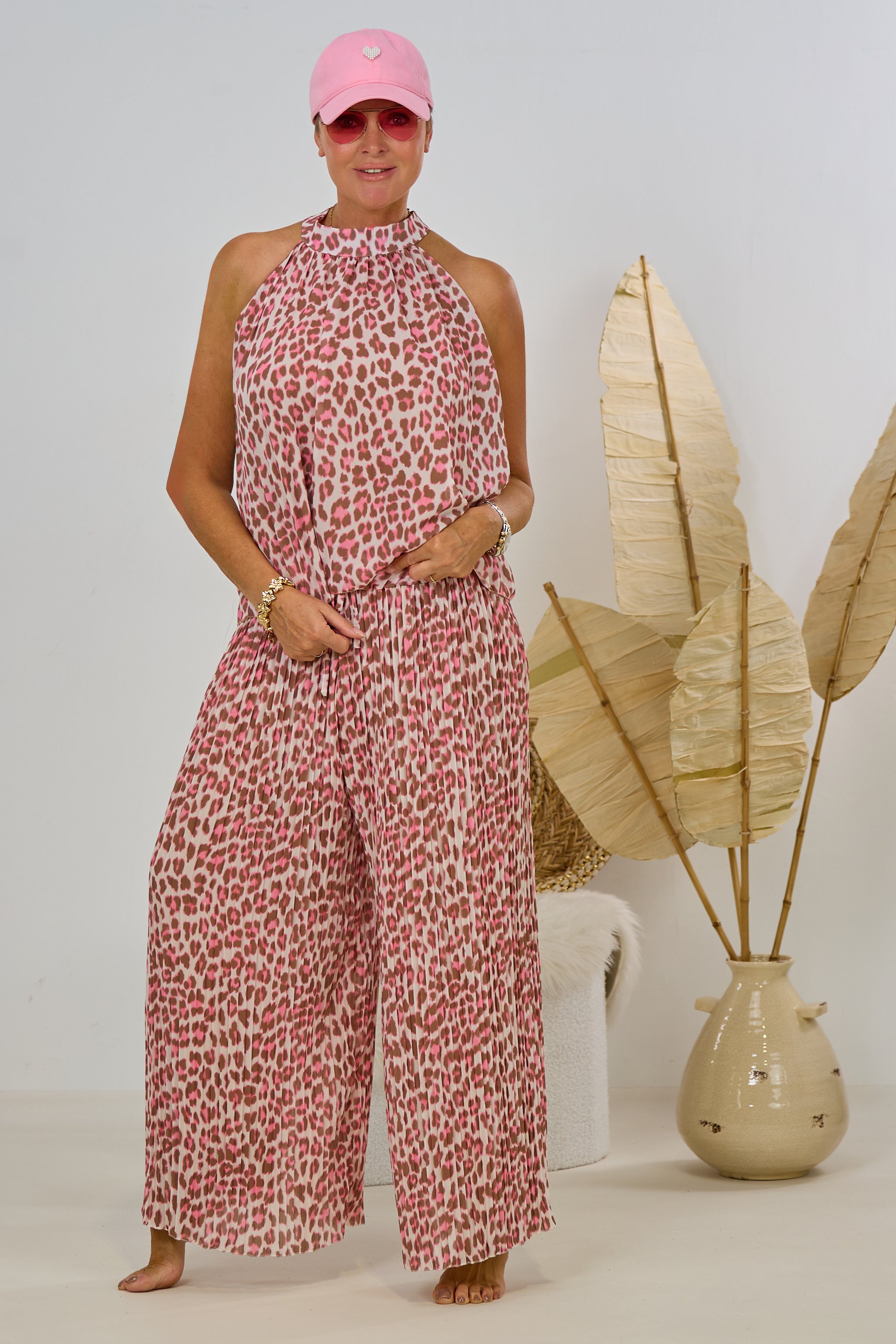 2-tlg. Set aus Neckholder und Plissée Hose, leo-ecru-rosa