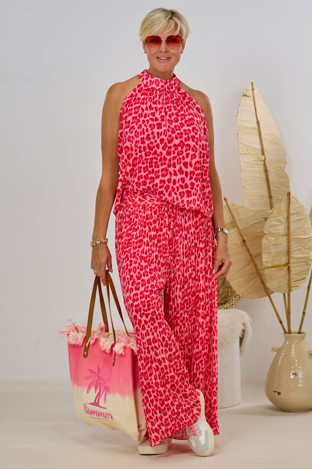2-tlg. Set aus Neckholder und Plissée Hose, leo-rosa-rot