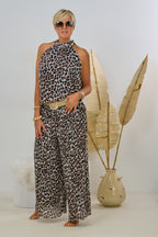 2-tlg. Set aus Neckholder und Plissée Hose, leo-ecru-schwarz