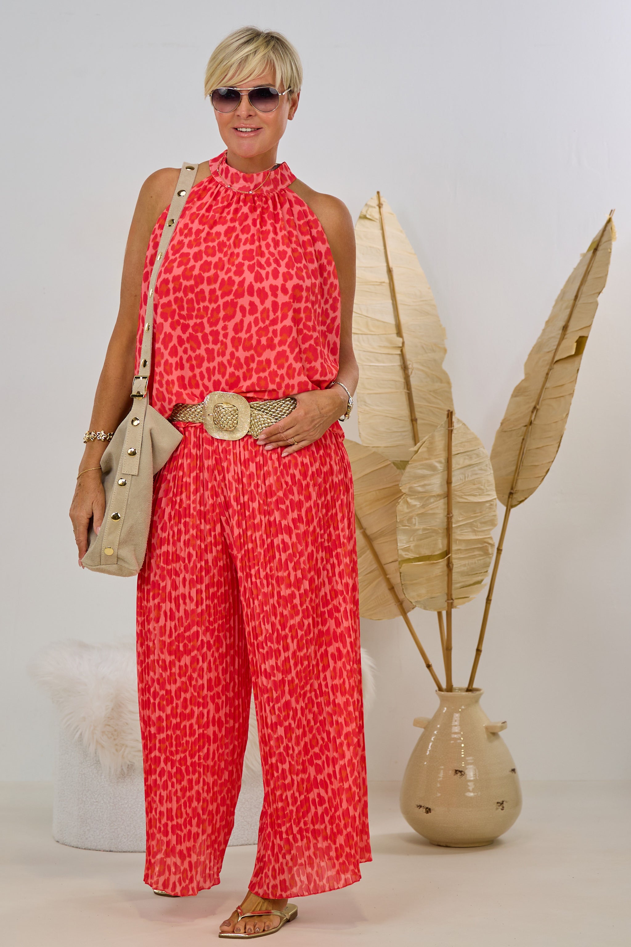 2-tlg. Set aus Neckholder und Plissée Hose, leo-apricot-rot