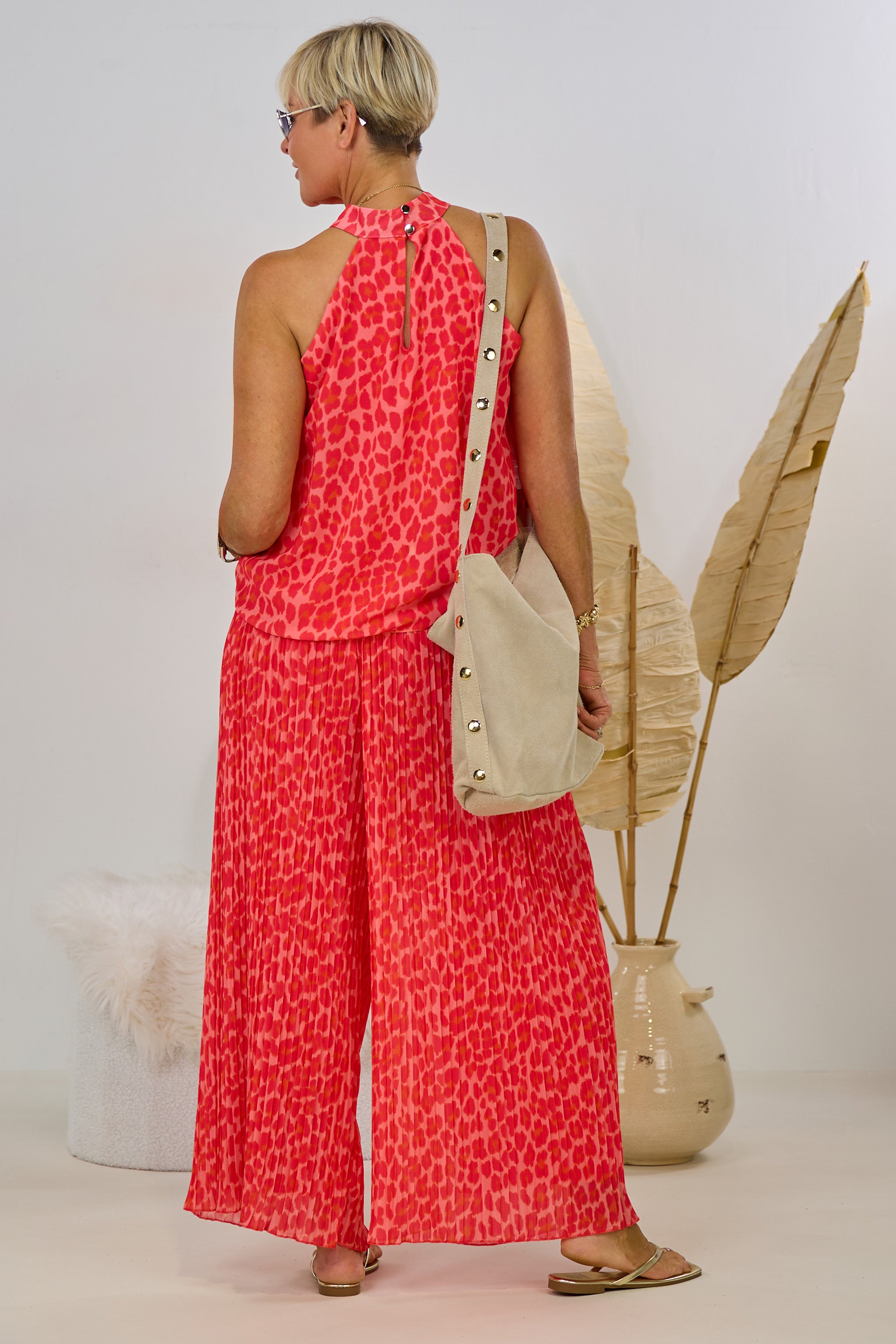 2-tlg. Set aus Neckholder und Plissée Hose, leo-apricot-rot