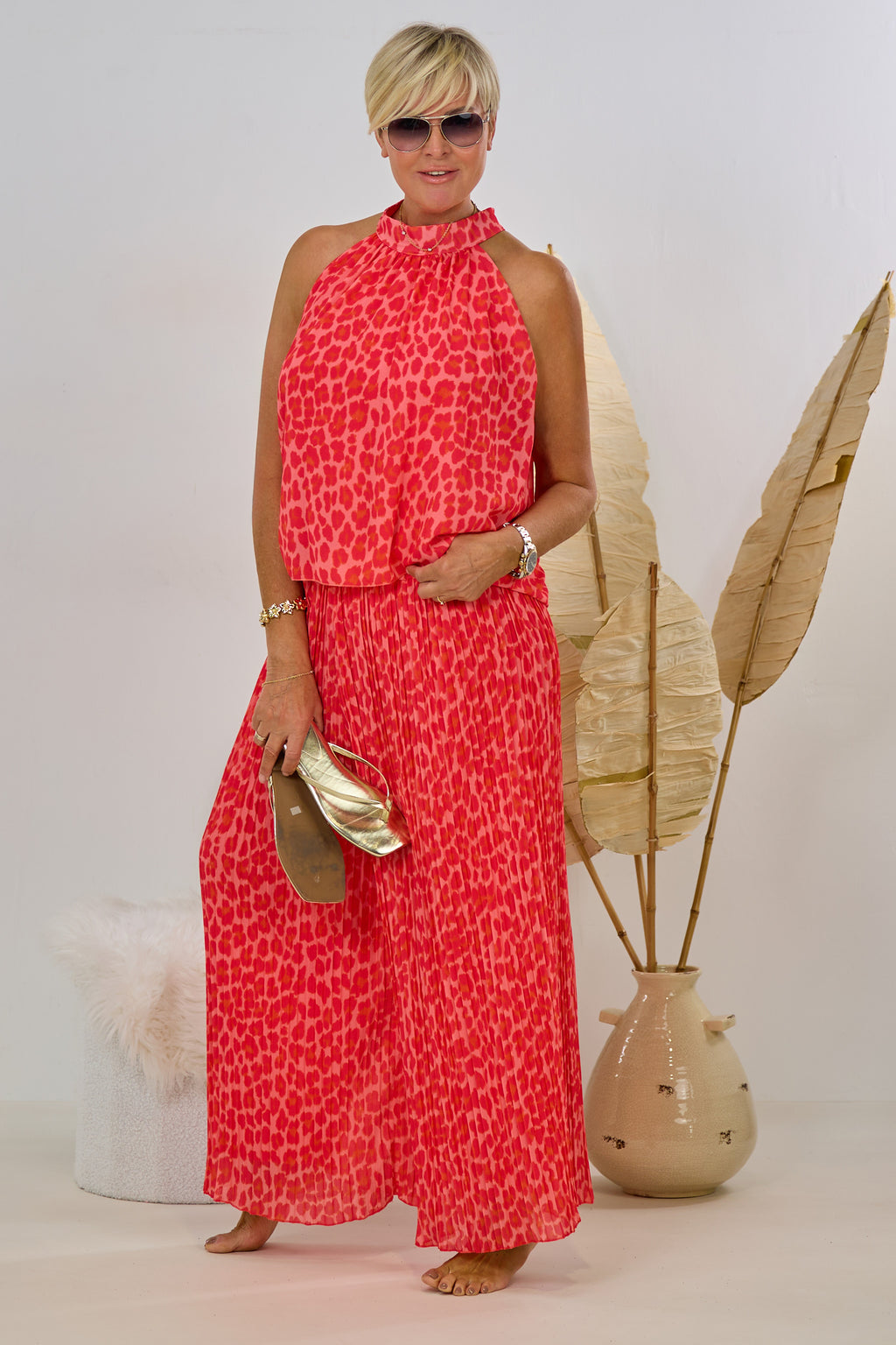 2-tlg. Set aus Neckholder und Plissée Hose, leo-apricot-rot
