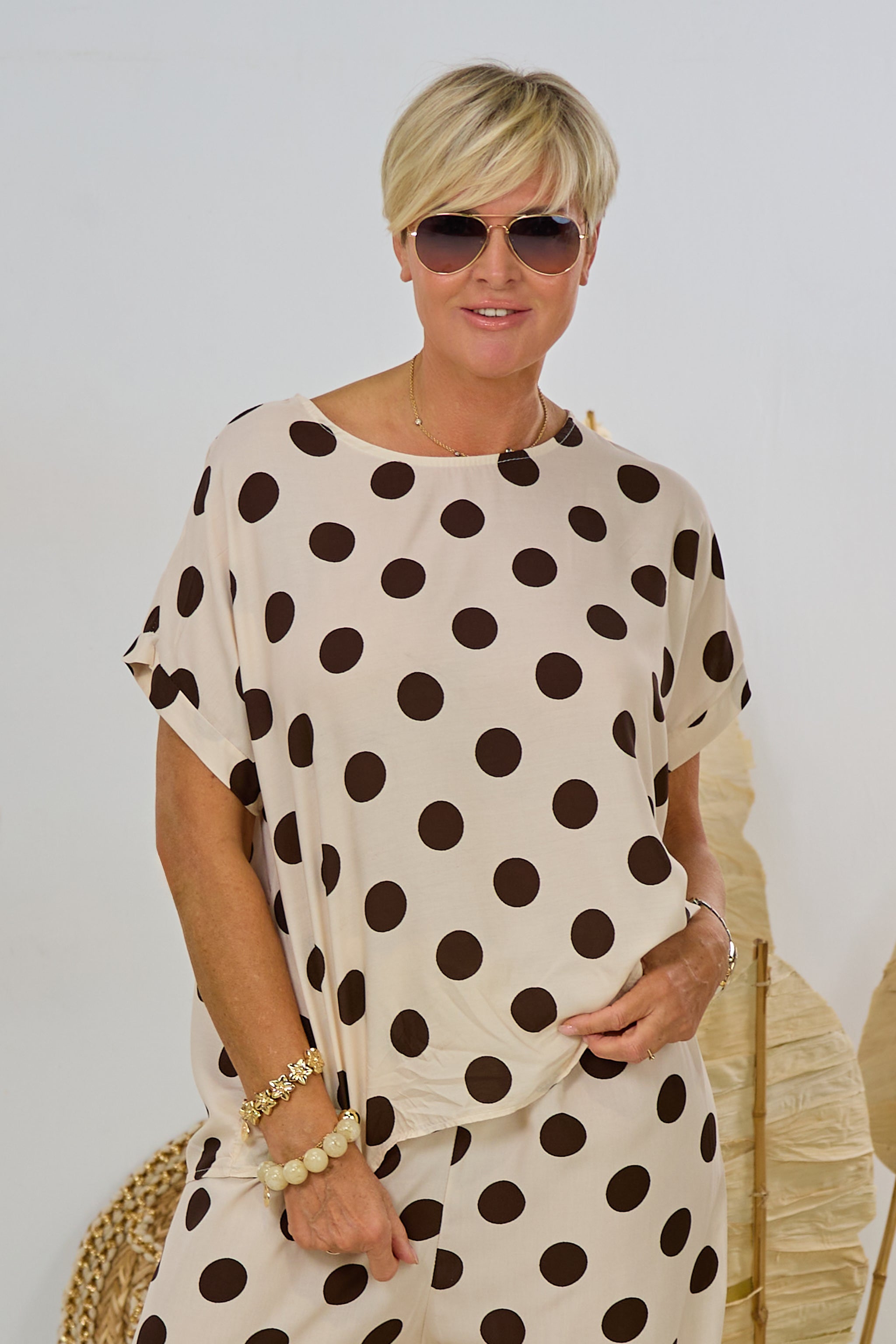 Leichte Bluse mit Punkten, creme-braun