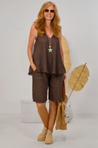 Leinen Shorts mit elastischen Gürtel, braun