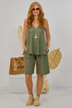 Leinen Shorts mit elastischen Gürtel, khaki