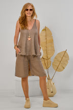 Leinen Shorts mit elastischen Gürtel, taupe