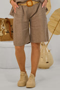 Leinen Shorts mit elastischen Gürtel, taupe