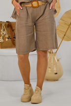 Leinen Shorts mit elastischen Gürtel, taupe