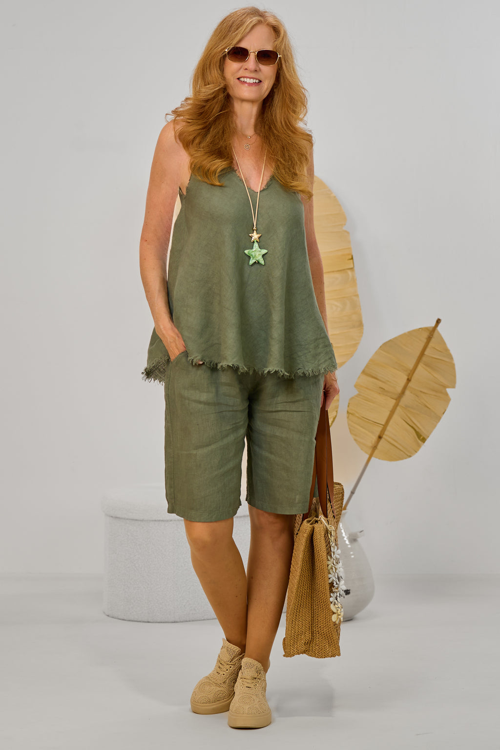 Leinen Top mit ausgefransten Abschlüssen, khaki