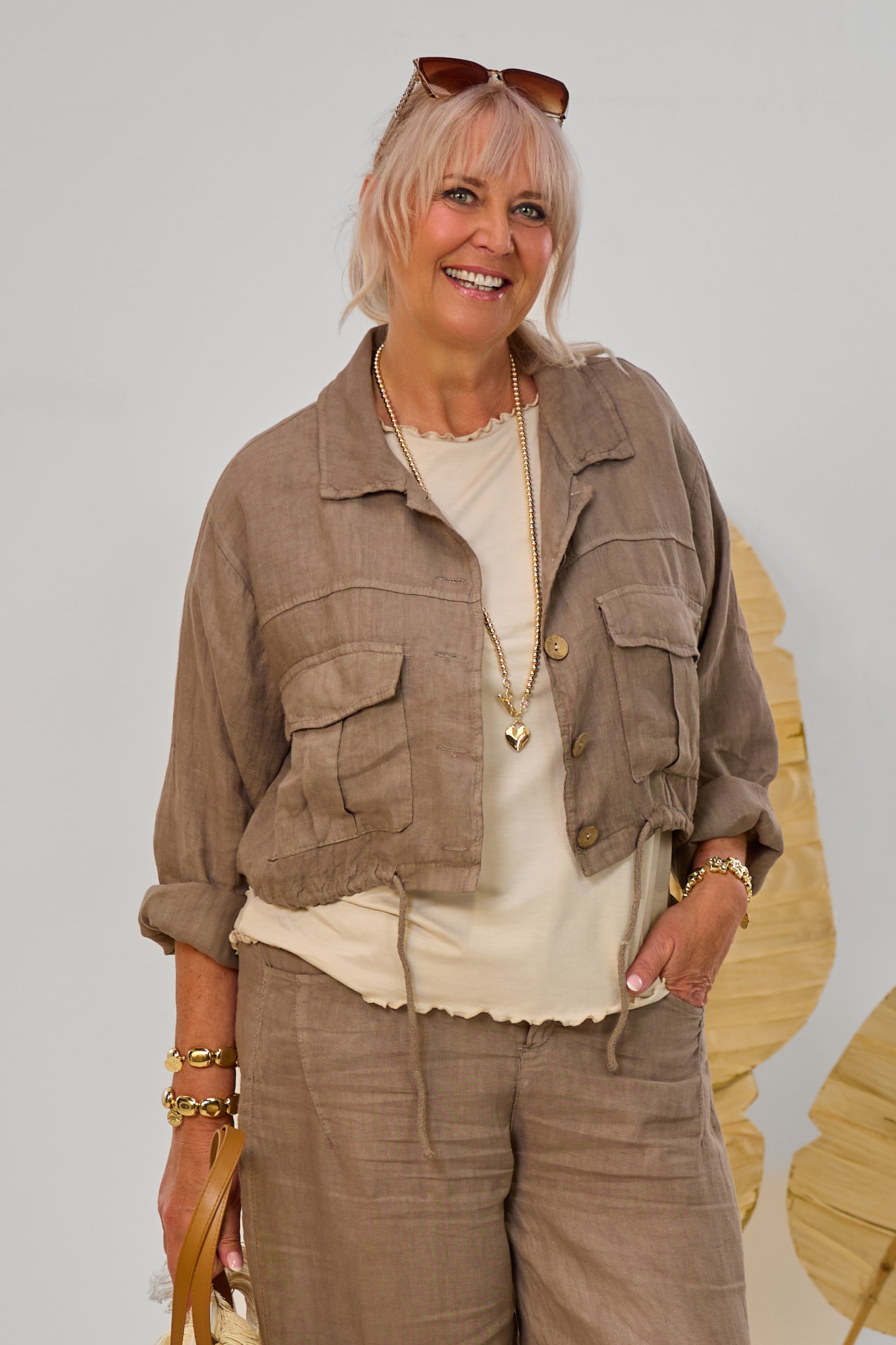 Leinen-Jacke mit Kordelzug, taupe