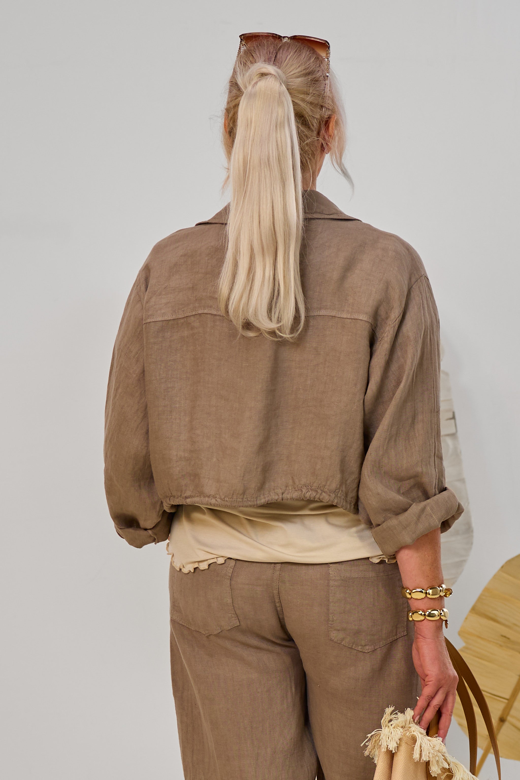Leinen-Jacke mit Kordelzug, taupe