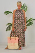 langes Neckholder Kleid mit Palmen, khaki-rosa