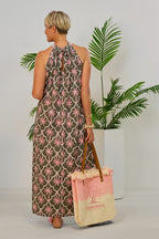 langes Neckholder Kleid mit Palmen, khaki-rosa