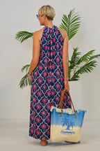 langes Neckholder Kleid mit Palmen, dunkelblau-pink
