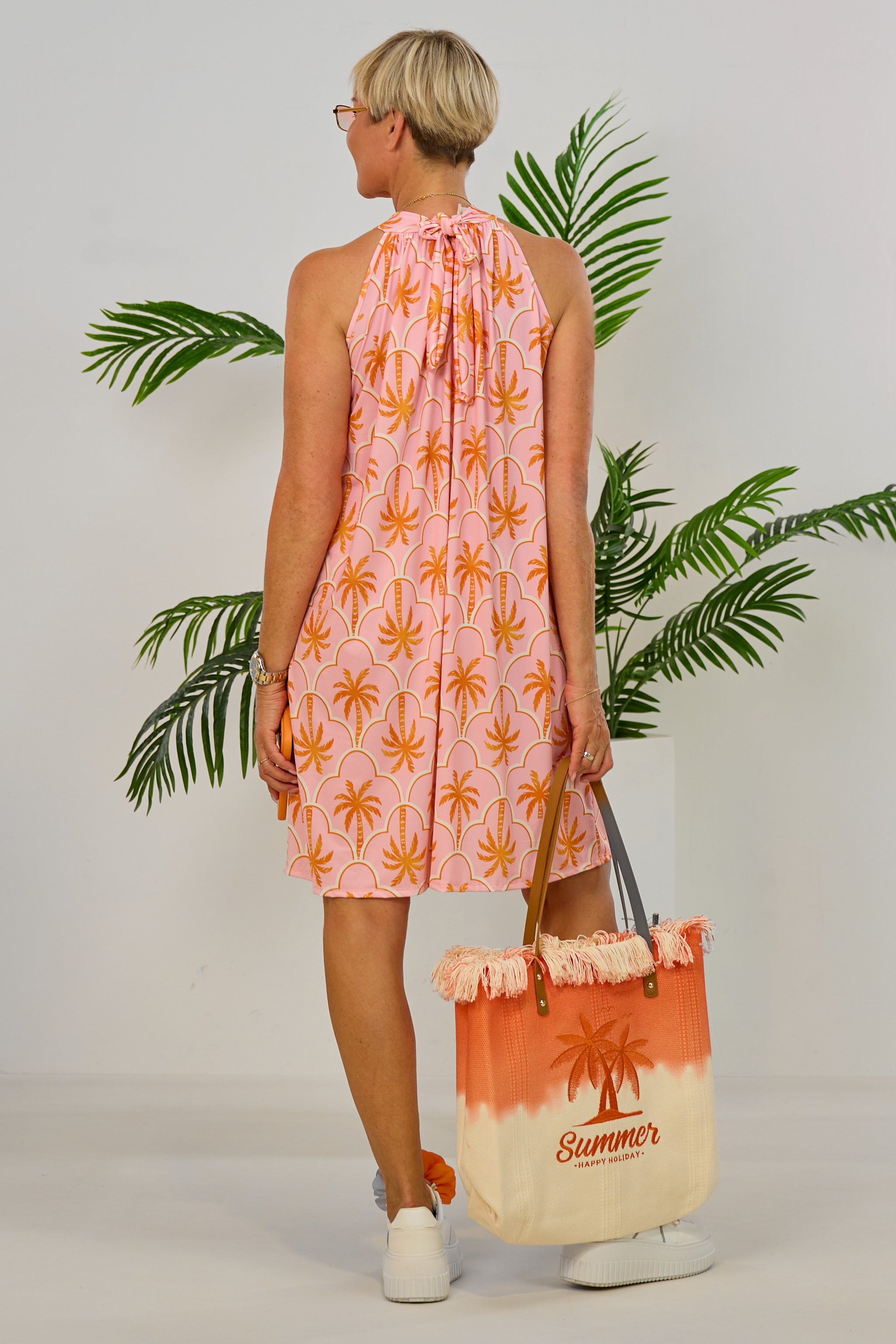 kurzes Neckholder Kleid mit Palmen, rosa-orange