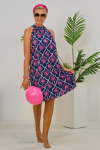 kurzes Neckholder Kleid mit Palmen, dunkelblau-pink
