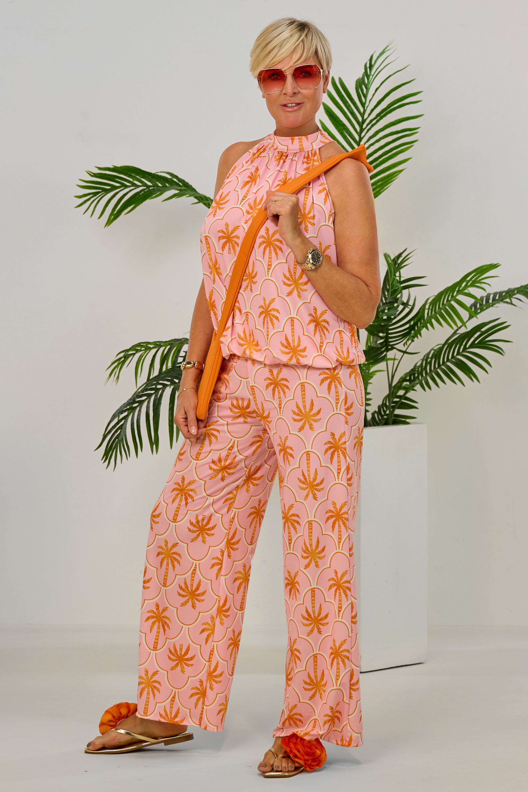 2-tlg. Set Top und Hose mit Palmen, rosa-orange
