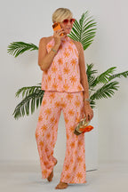 2-tlg. Set Top und Hose mit Palmen, rosa-orange