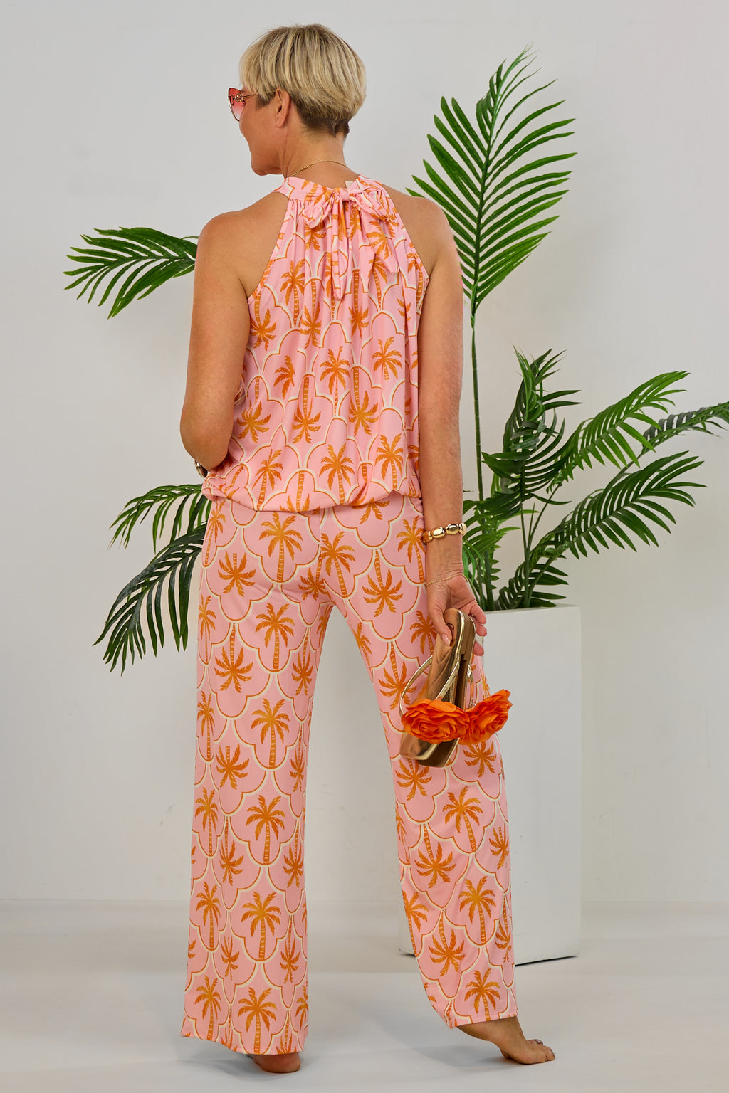 2-tlg. Set Top und Hose mit Palmen, rosa-orange