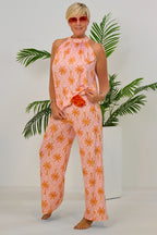 2-tlg. Set Top und Hose mit Palmen, rosa-orange