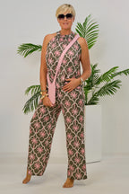 2-tlg. Set Top und Hose mit Palmen, khaki-rosa