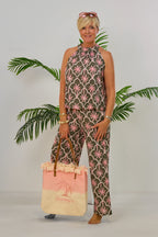 2-tlg. Set Top und Hose mit Palmen, khaki-rosa