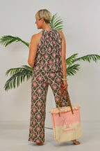 2-tlg. Set Top und Hose mit Palmen, khaki-rosa