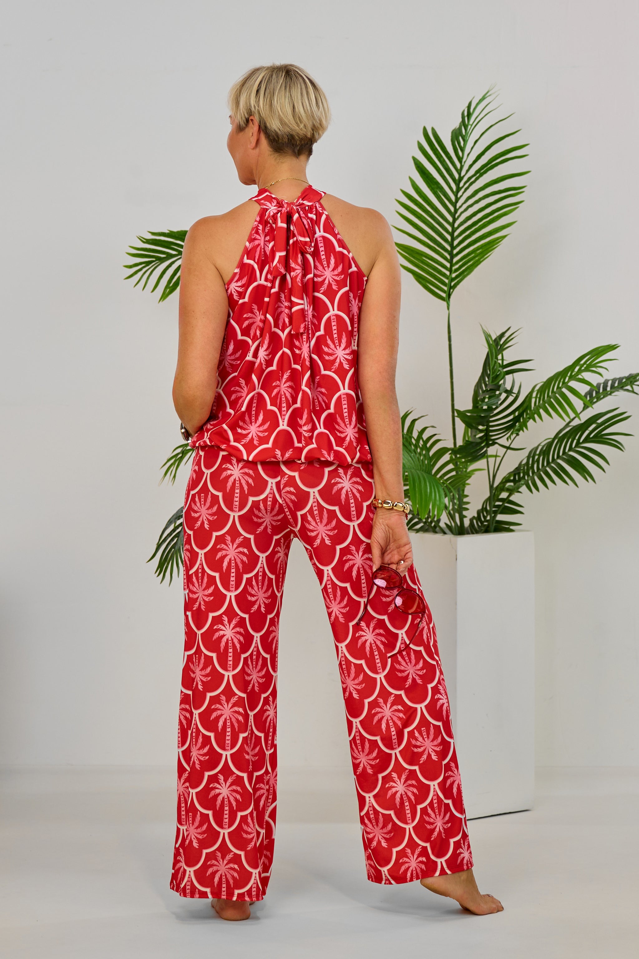 2-tlg. Set Top und Hose mit Palmen, rot-rosa