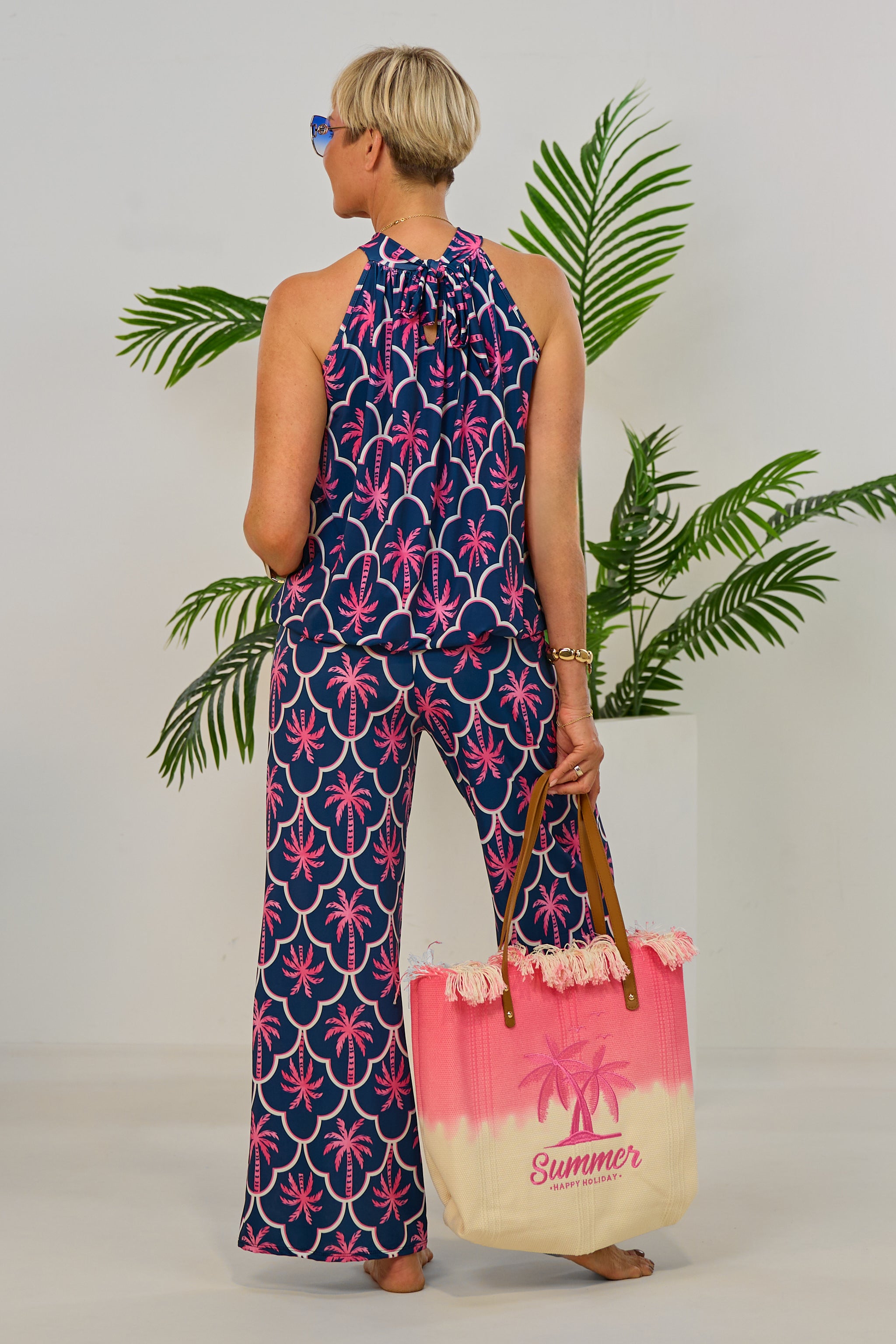 2-tlg. Set Top und Hose mit Palmen, dunkelblau-pink