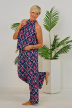 2-tlg. Set Top und Hose mit Palmen, dunkelblau-pink