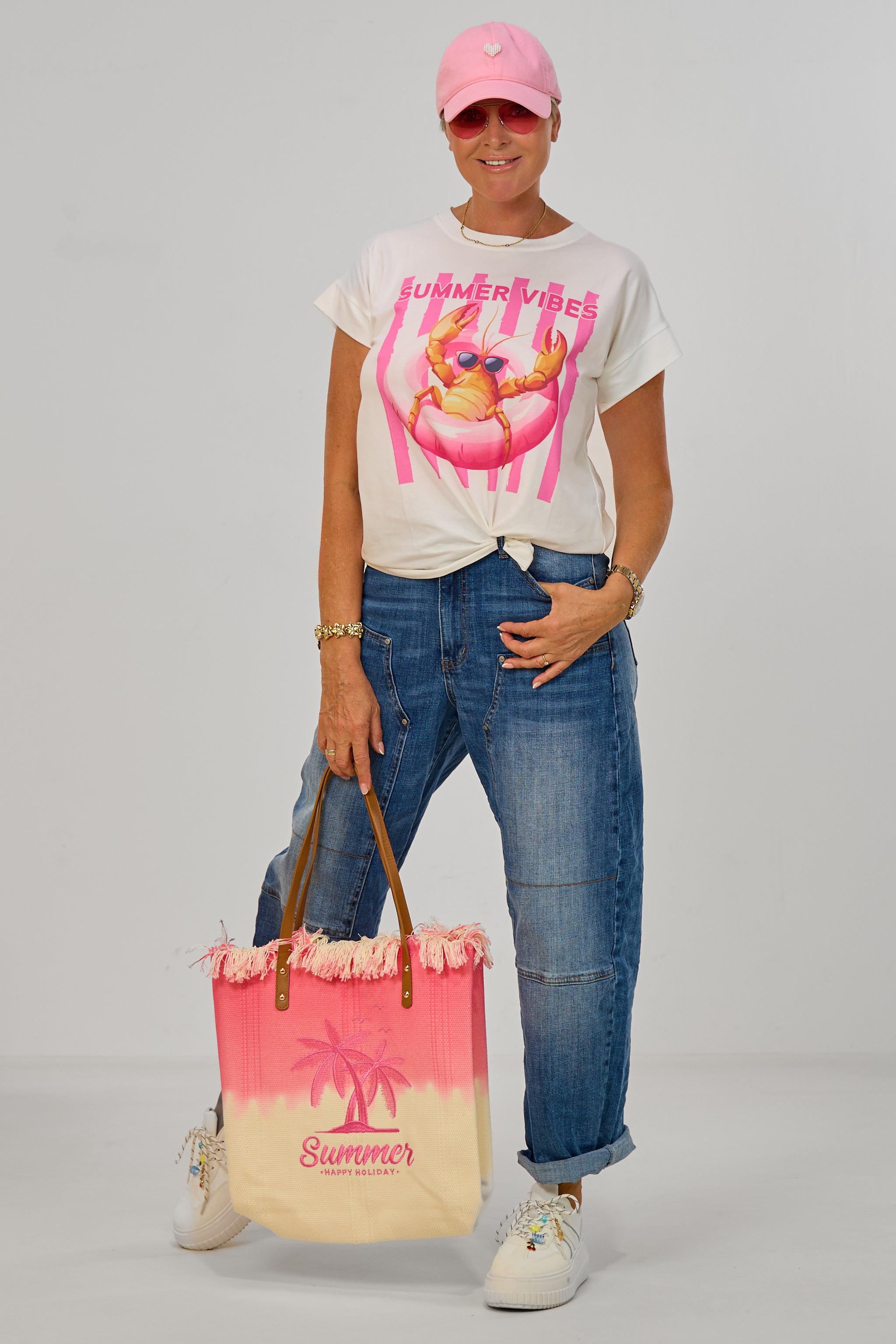 T-Shirt mit süßem Krebsmotiv, ecru-pink