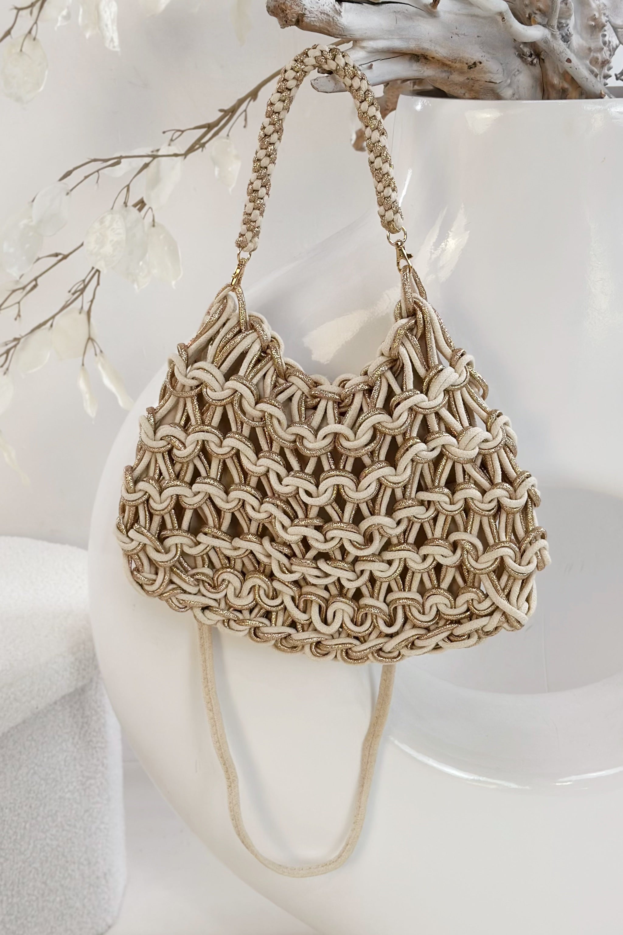 Tasche im Strick-Look, creme-gold