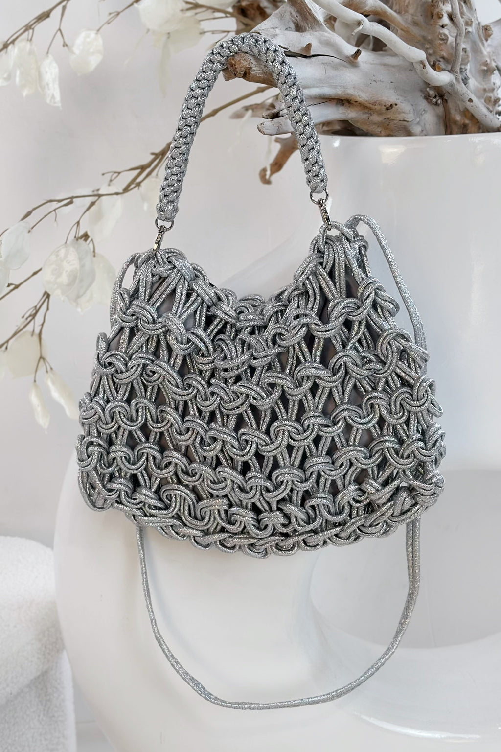 Tasche im Strick-Look, silber