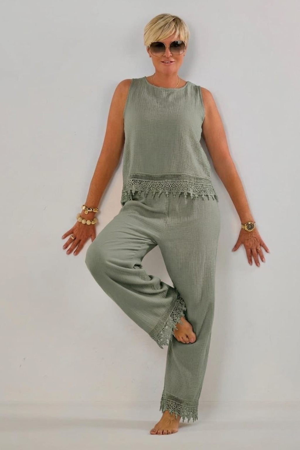 2-tlg. Musselin-Set aus Bluse und Hose, khaki
