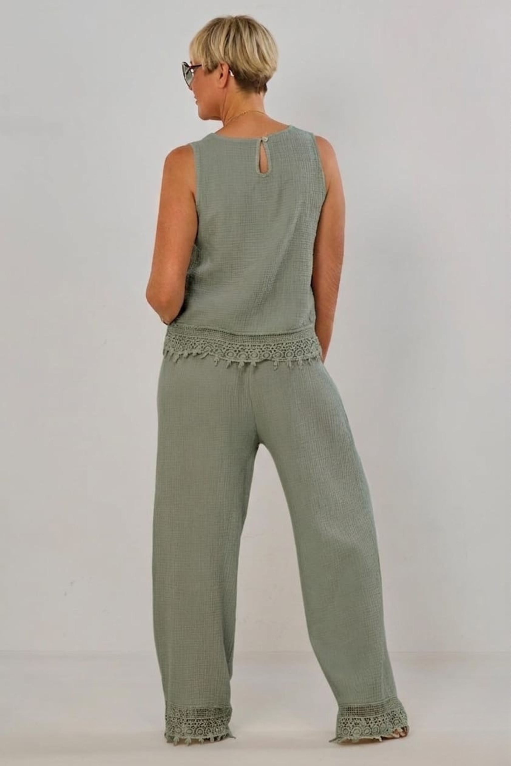 2-tlg. Musselin-Set aus Bluse und Hose, khaki