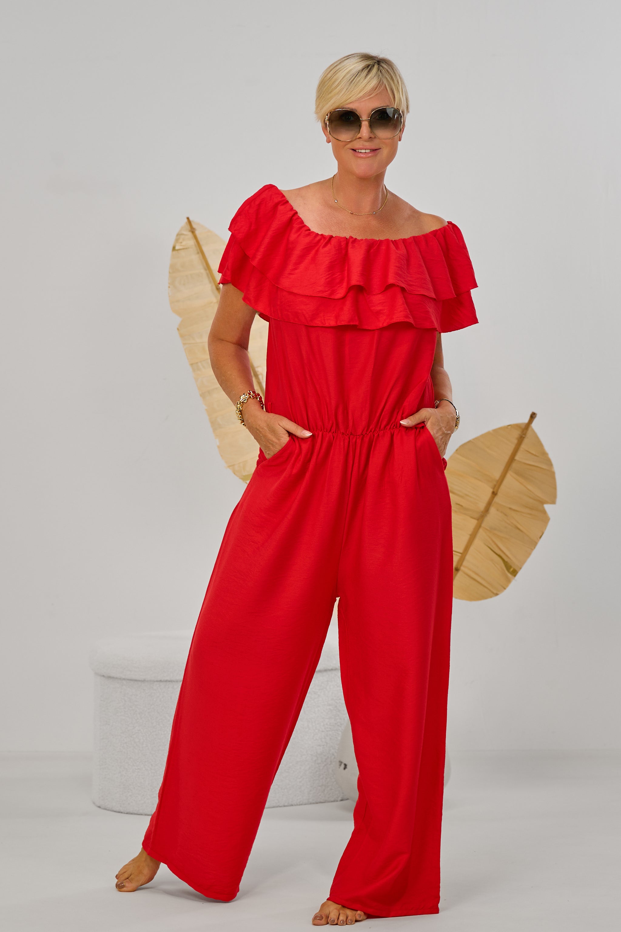 Overall mit elastischem Carmen-Ausschnitt, rot